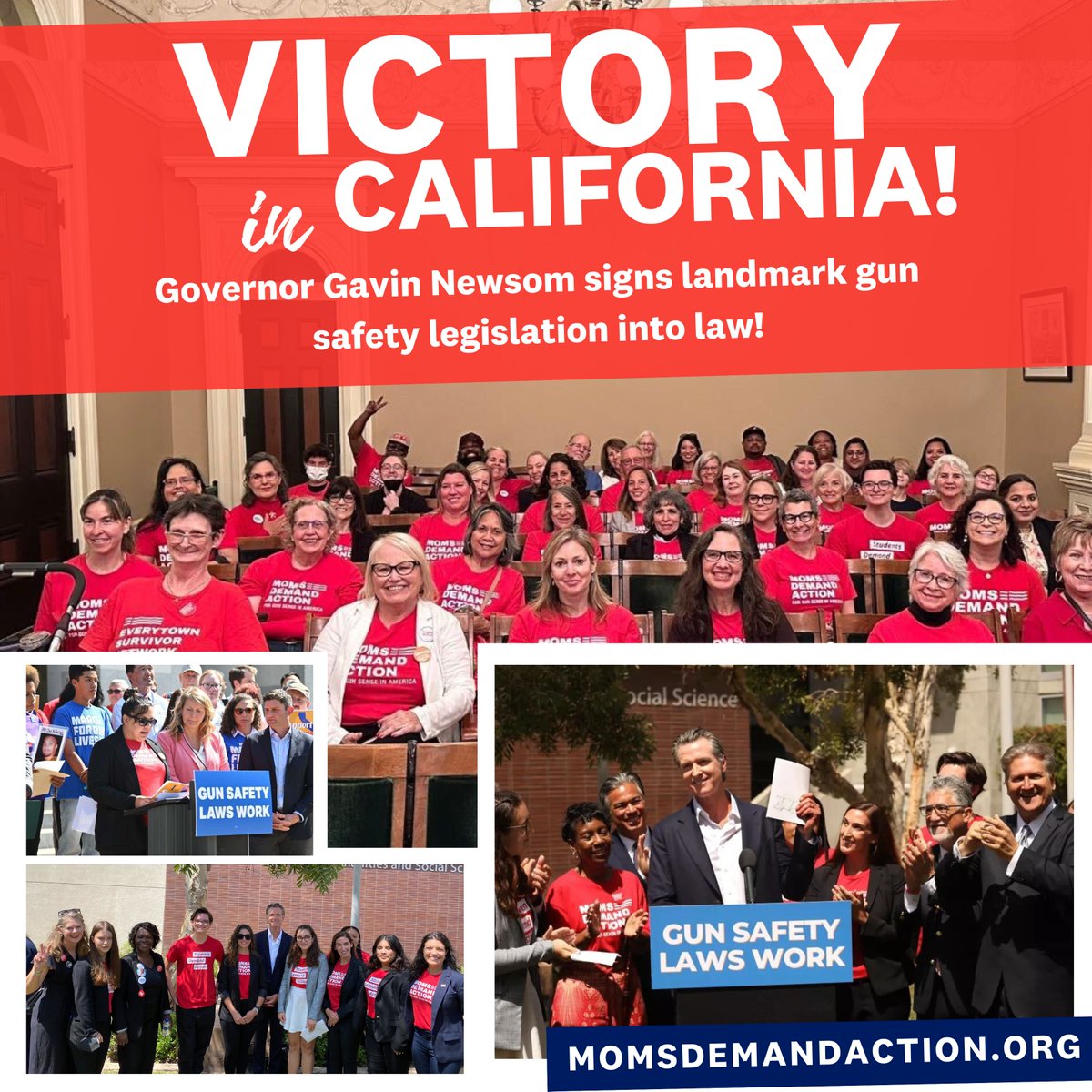 VICTORY IN CALIFORNIA! After relentless advocacy by our volunteers and partners, Governor <a href="/GavinNewsom/">Gavin Newsom</a> signed a historic package of gun safety legislation into law, making California the first state to establish a tax on gun dealers to fund gun violence prevention and school