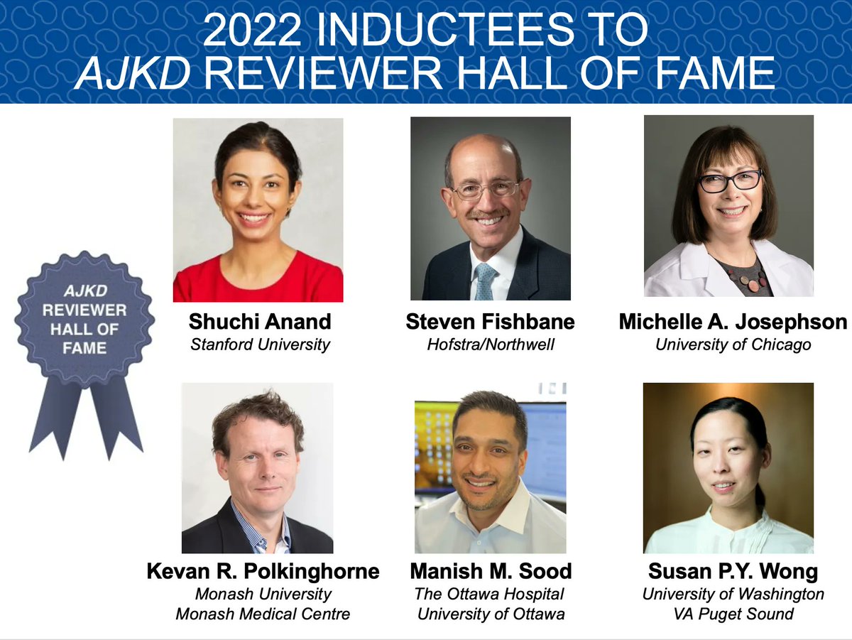 2022 Inductees to the AJKD Reviewer Hall of Fame:

- <a href="/Shuchi_Anand/">Shuchi Anand</a> <a href="/StanfordNeph/">Stanford Nephrology</a>
- <a href="/sfishbane/">Steven Fishbane</a> <a href="/HofstraKidney/">HofNorthwell Kidney</a>
- <a href="/MichelleJTx/">Michelle A, Josephson</a> <a href="/uofcneph/">University of Chicago Nephrology</a>
- @dialysisbloke <a href="/MonashUni/">Monash University</a>
- <a href="/Msood99M/">Manish M Sood MD</a> @uottawamed
- Susan P.Y. Wong <a href="/UWNephrology/">UW Nephrology</a>

Why they review: bit.ly/3DsPhH8