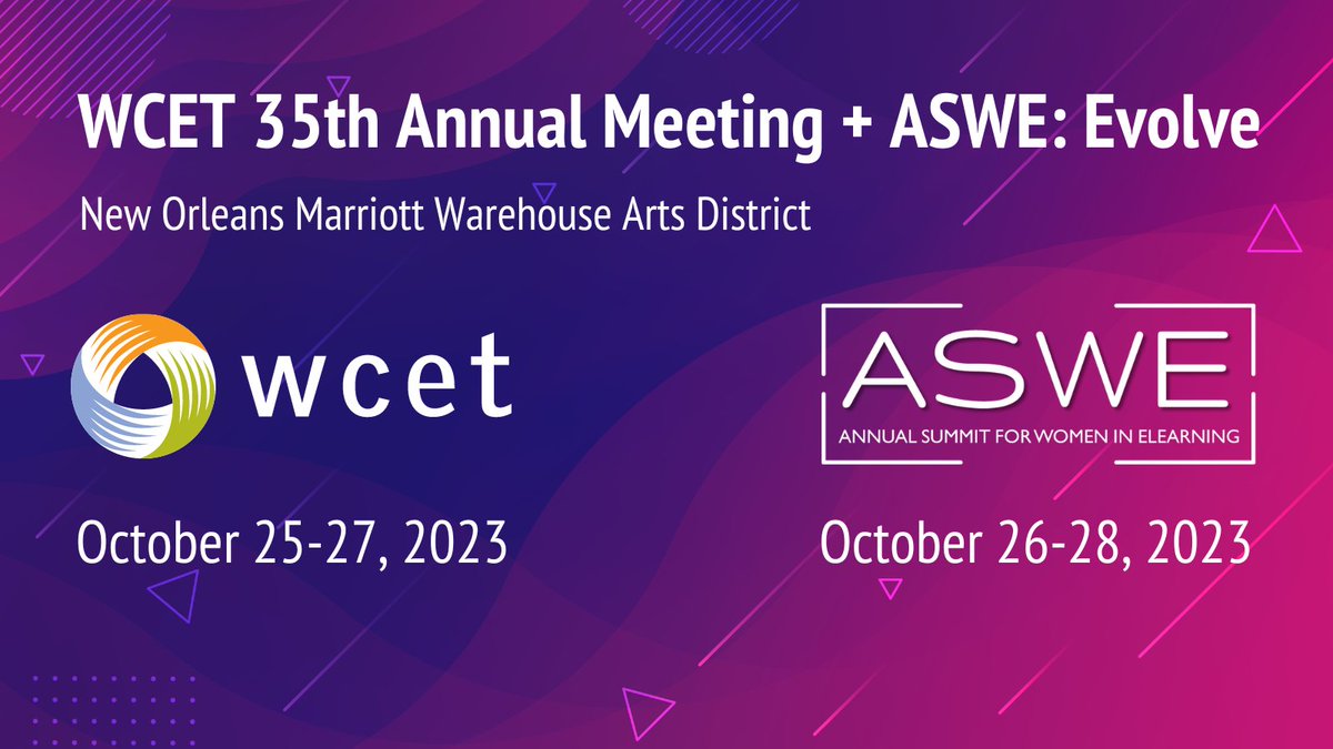 Guess what?! The #WCET2023 #AnnualMeeting and Annual Summit for Women in #eLearning is just a month away! Register and join us in the historic arts and warehouse district of New Orleans, LA, October 26-28: ow.ly/gXo950PPR7K