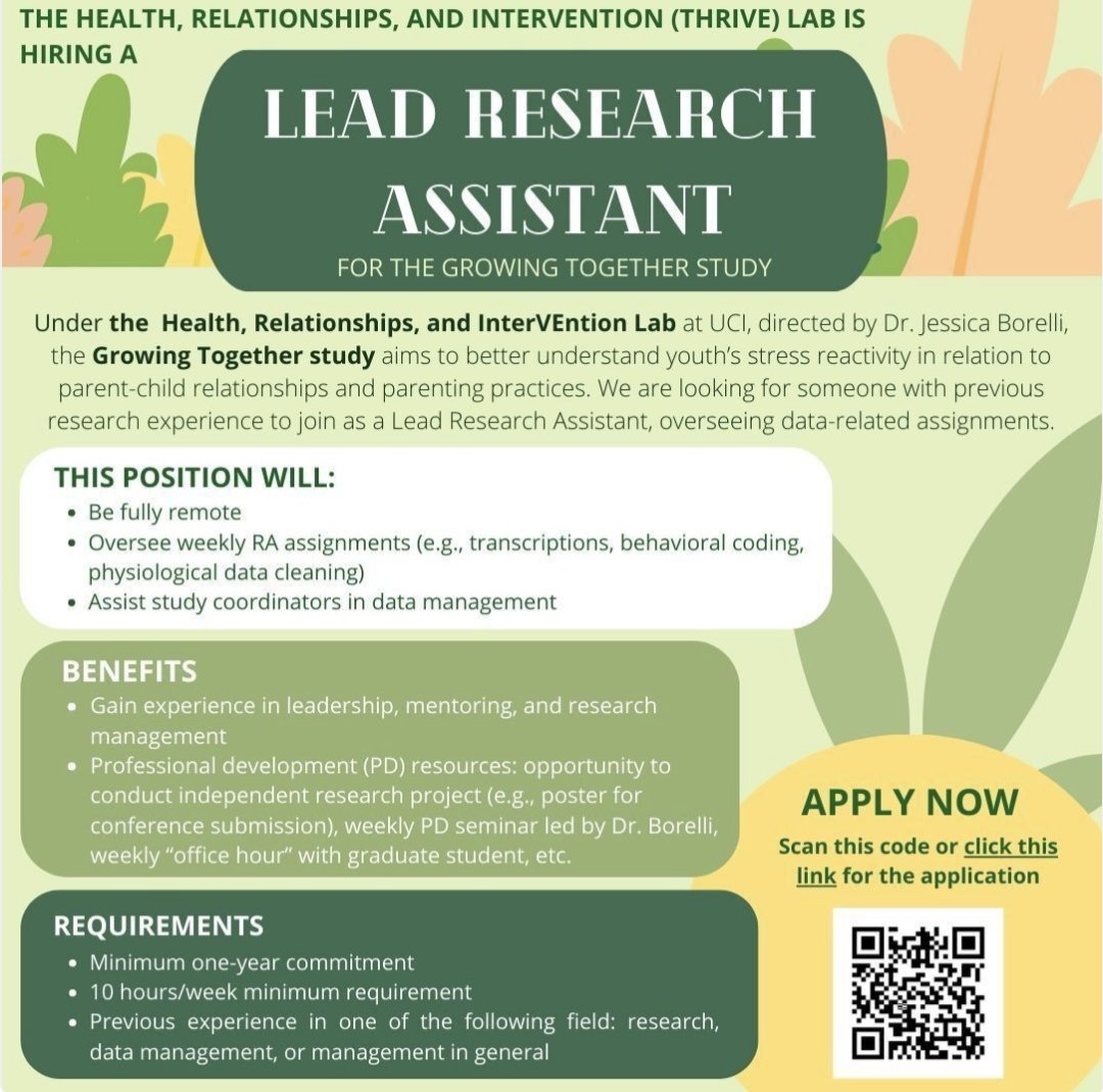 The Health, Relationships, & InterVEntion (THRIVE) Lab at @UCIrvine seeks a Lead Research Assistant for the Growing Together study to understand better youth stress reactivity concerning parent-child relationships & parenting practices. To apply, visit tinyurl.com/3w653f34