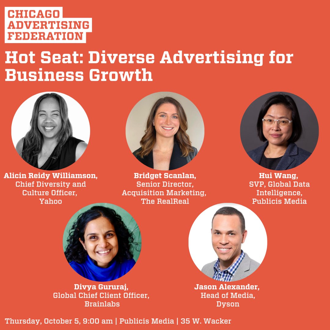 Save the date! Join us on October 5th at 9 am for the CAF's Hot Seat Panel: Diverse Advertising for Business Growth. 
Featuring panelists from <a href="/Dyson/">Dyson</a>, <a href="/Brainlabs/">Brainlabs</a>, <a href="/therealreal/">The RealReal</a>, <a href="/PublicisMedia/">Publicis Media</a> , and moderated by <a href="/Yahoo/">Yahoo</a>'s Chief Diversity and Culture Officer. chicagoadfed.org/event/hot-seat…