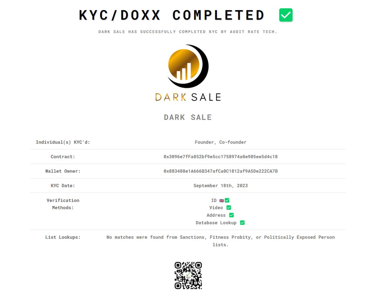 Audit Rate Tech complete KYC verification DarkSale(DARK). You can find it in our Telegram group t.me/auditratetech/.
<a href="/eco_darksale/">DarkSale Ecosystem</a>