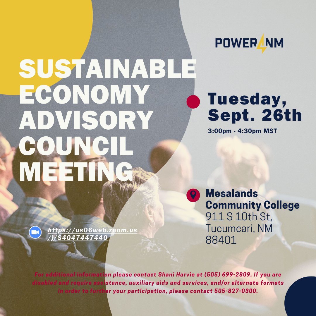 🌿 TODAY: Sustainable Economy Advisory Council Meeting at 3 PM MT!

📍 Mesa Lands Community College, Tucumcari, NM
🔗 Zoom: us06web.zoom.us/j/84047447440
📞 Info: 505-699-2809

#SustainableEconomy #NewMexico #WindEnergy #nmpol #newmexico