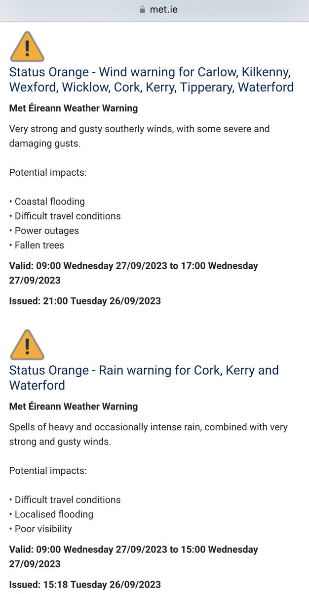 New orange warning added now:

Status Orange - Wind warning for Carlow, Kilkenny, Wexford, Wicklow, Cork, Kerry, Tipperary, Waterford

09:00 Wednesday to 17:00 Wednesday