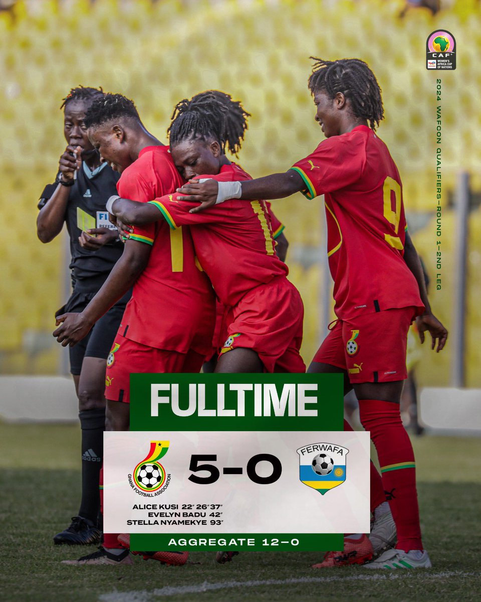 mykolbryson1's tweet image. Full time  in Accra.
Ghana 🇬🇭 5:0 🇷🇼 Rwanda.

Ghana ladies eliminate Rwanda and advance into the next stage of the #AWCON with a 12:0 aggregate.