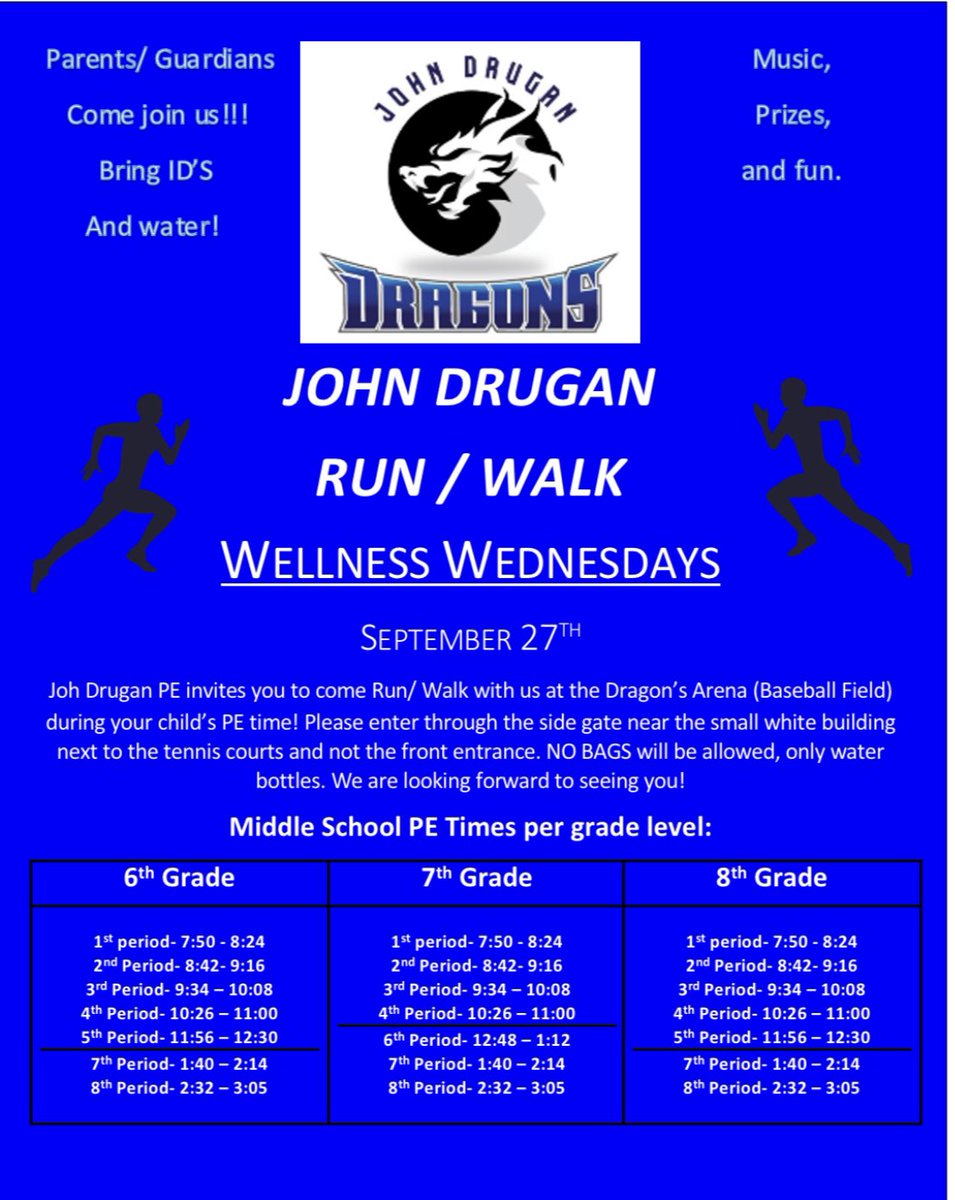 📣Calling all Drugan Middle school Parents/ Grandparents . 1 more day until our Wellness Wednesday run/walk. Join us tomorrow during your child’s P.E. Class. Please see flyer for details. 🏃‍♀️🏃🏻