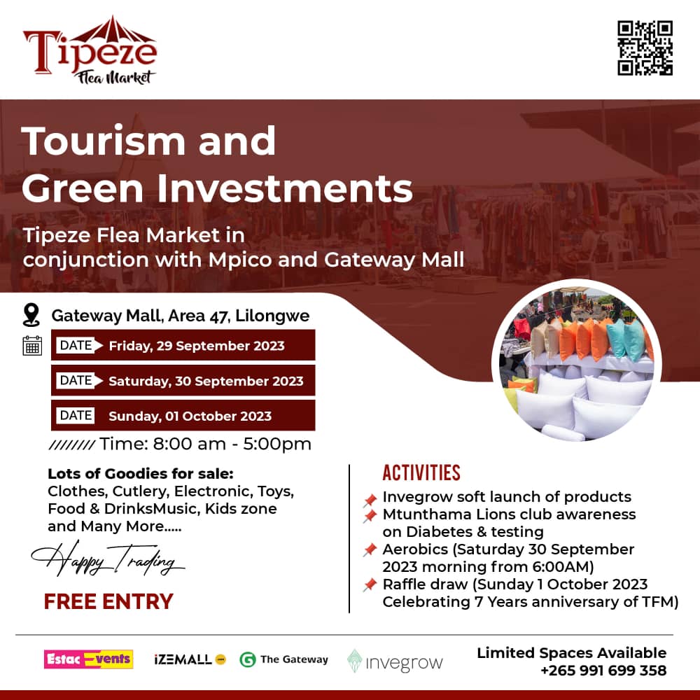 Tipeze Flea Market by <a href="/EstacEventsMw/">Estac Events Malawi</a> clocks 7 years. In partnership with <a href="/MpicoPlc/">MPICO Plc</a> <a href="/GatewayMalawi/">GatewayMallMalawi</a> <a href="/OldMutual/">Old Mutual</a> the Tourism &amp; Green Investments market is on Friday 29 September 2023, Saturday 30 September 2023 &amp; Sunday 1 October 2023 (Sevens years of TFM).