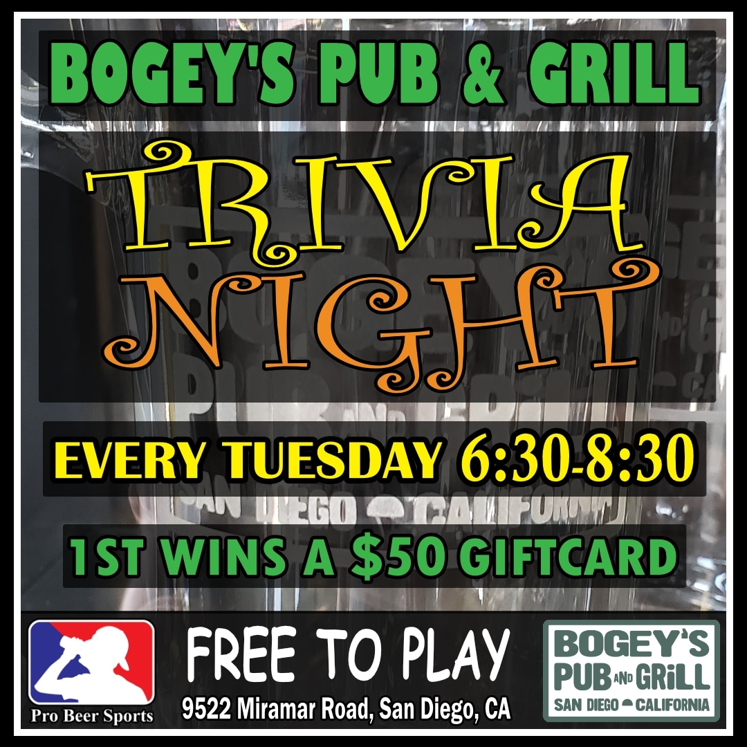 Tonight's Trivia is speed rounds of True or False questions! Don't miss the excitement at Bogey's!