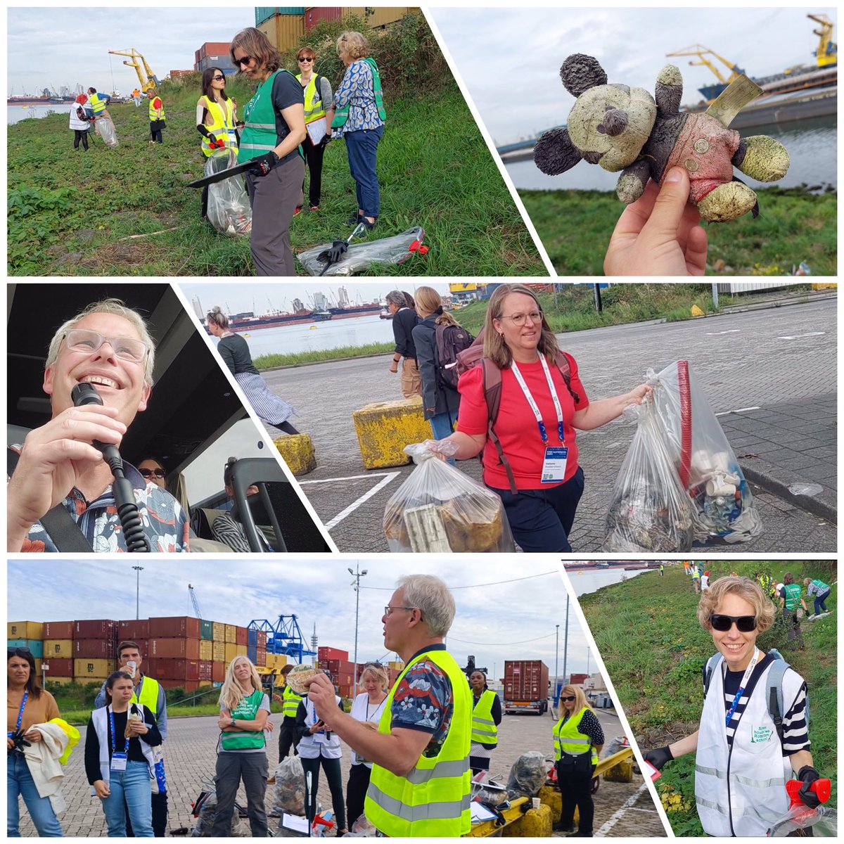 Impressie van de cleanup in de Waalhaven-Wz met deelnemers van @TheEAIE-congres in @rotterdamahoy. Het internationale gezelschap haalde zo’n 25 vuilniszakken aangespoeld afval van de keien en deed bovendien nauwkeurig zwerfafvalonderzoek naar de samenstelling! #zwerfie #EAIE2023