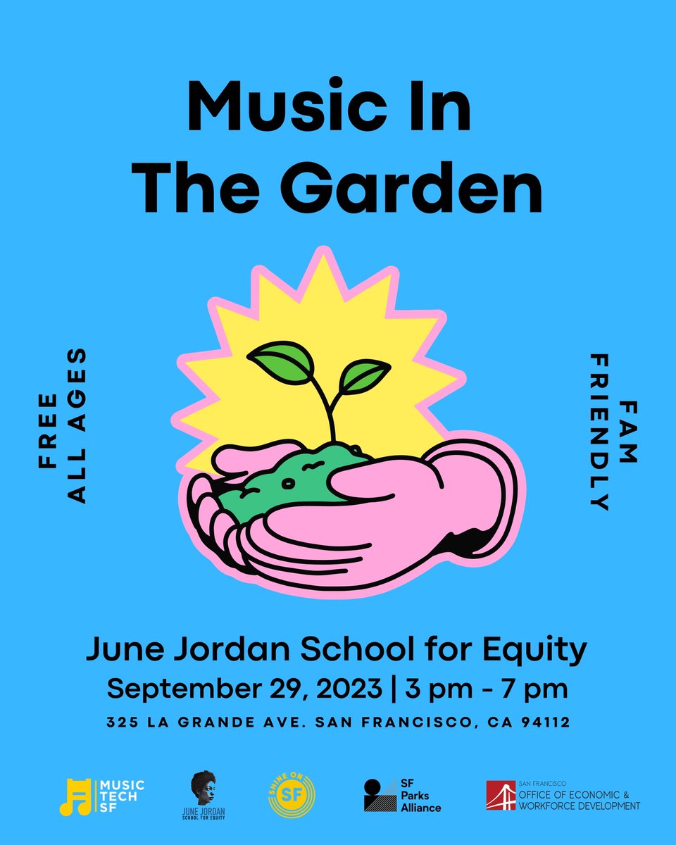 MusicTechSF &amp; <a href="/SFParksAlliance/">SF Parks Alliance</a> present “Music In the Garden” this FRIDAY at <a href="/OfficialJJSE/">June Jordan School For Equity</a> Sept. 29th from 3-7 pm. This free &amp; all ages community event will feature gardening, plant medicine, and beatmaking workshops, free food &amp; live performances! Join us on Friday in SF!