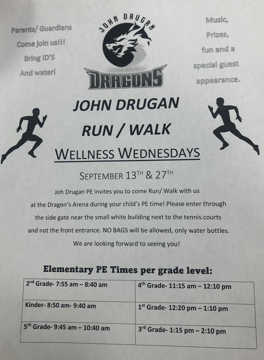 Attention all Drugan Parents/Guardians!! There’s 1 more day until our Wellness Wednesday run/walk. Please join us tomorrow during your child’s P.E. time, for more information see flyer for details. We can’t wait to see you all at the Dragon’s Arena! 🐉💙🤍🖤