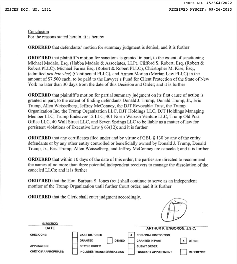 NEW: If I am reading this right, Judge Engoron has found that Donald Trump committed fraud and has ordered the cancellation of all of his New York business certificates and the dissolution of the Trump Organization.