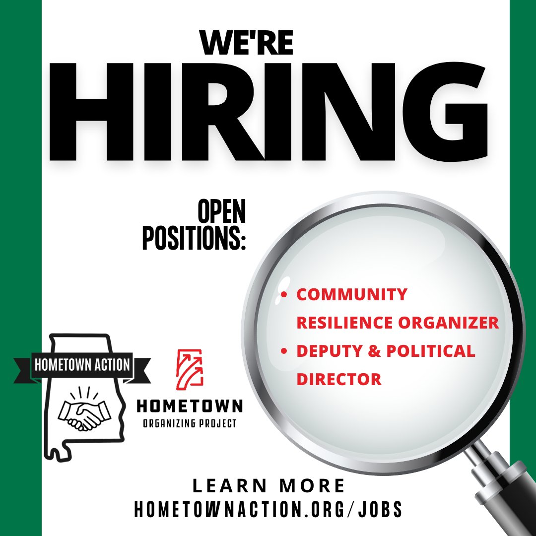 We're hiring! Hometown is seeking organizers excited about building power with Rural Southern Communities for two open positions - Community Resilience Organizer and Deputy &amp; Political Director.

Learn more at Hometownaction.org/jobs or the link in our bio. Apply by 9/29!