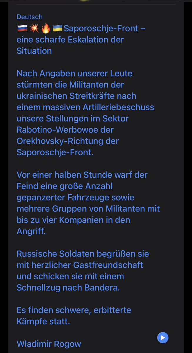 BrennpunktUA's tweet photo. #FrontUpdate zu #Zaporizhia:
🇷🇺 Puppen Gouverneur Vladimir #Rogov schreibt von einem starken Angriff der AFU🇺🇦 südlich von #Robotyne und bei #Verbove. — den letzen Absatz kann man getrost streichen, typisch 🇷🇺 Propaganda. — so endet mittlerweile jeder Beitrag bei Front Infos. https://t.co/kO3gLmkUnh