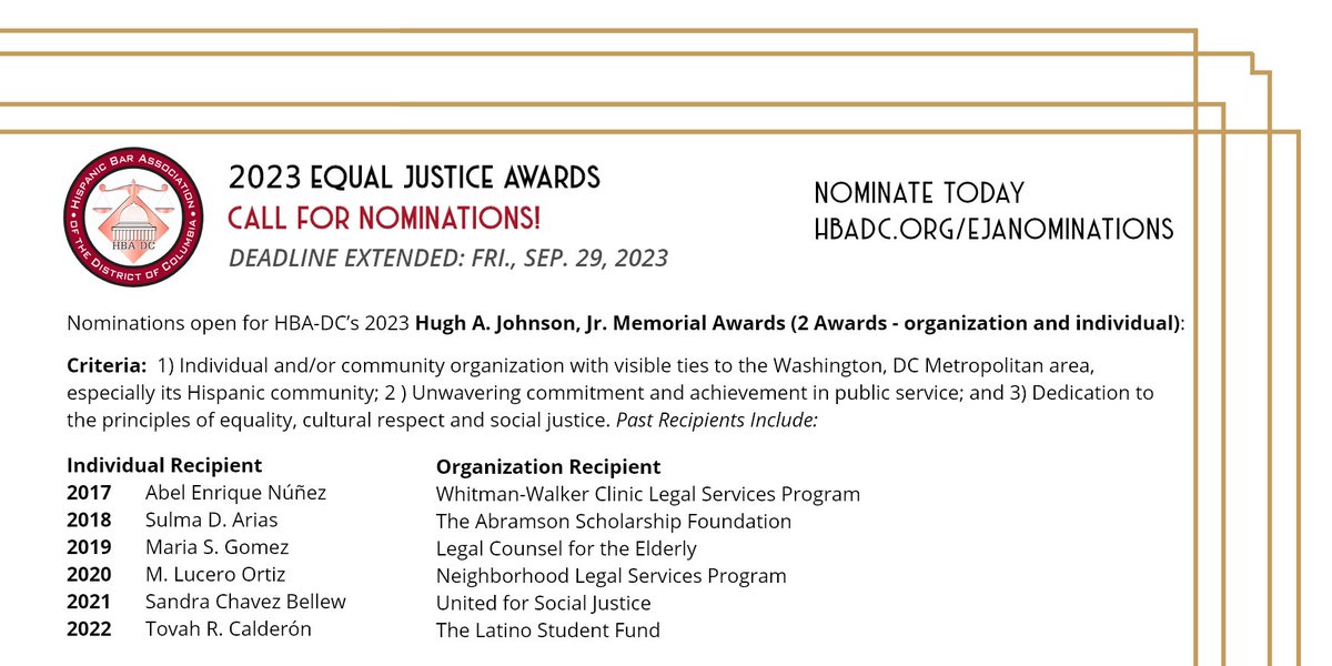 DEADLINE EXTENDED! 2023 HBA-DC Equal Justice Award nominations are now open until this Friday, Sep. 29th! Please nominate individuals &amp; organizations for our Hugh A. Johnson, Jr. Memorial Awards, and the rest of the Equal Justice Awards👉hbadc.org/ejanominations
