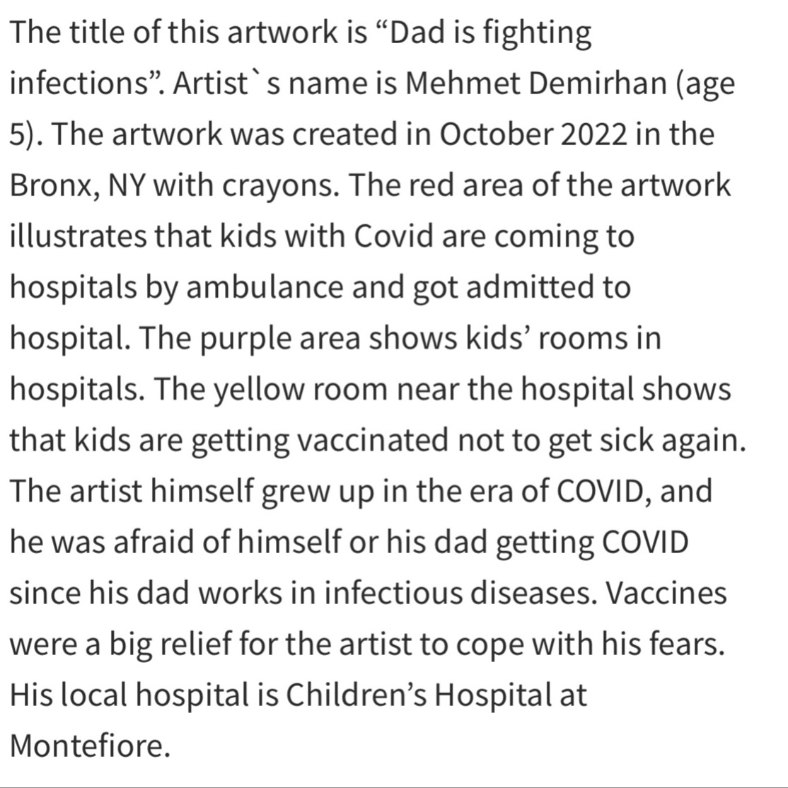 Montefiore Pediatrics (@montefiorepeds) on Twitter photo Congratulations to Mehmet Demirhan (son of CHAM Infectious Disease Fellow Salih Demirhan MD) on his first publication in the Journal of the Pediatric Infectious Diseases Society!
At only 5 years old, his artwork was selected for the Jan 2023 issue 🎨 Congratulations to Mehmet Demirhan (son of CHAM Infectious Disease Fellow Salih Demirhan MD) on his first publication in the Journal of the Pediatric Infectious Diseases Society!
At only 5 years old, his artwork was selected for the Jan 2023 issue 🎨