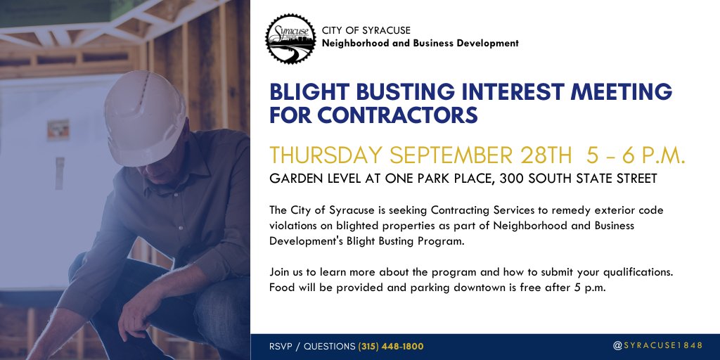 The City is seeking Contracting Services to remedy exterior code violations on blighted properties as part of Neighborhood and Business Development's Blight Busting Program. Join us to learn more about how to submit your qualifications. Learn More: bit.ly/48GsGWu
