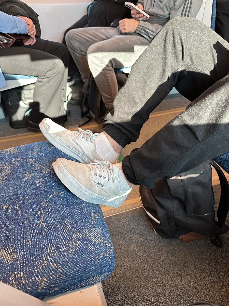 The problem of public transit. Your shoes are not so clean, even your bare foot. Be considerate.