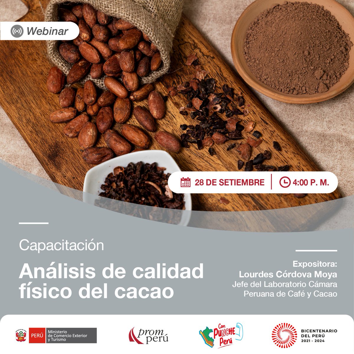 ¡Participa en las Jornadas de la Calidad del Cacao! 🍫
Inscríbete en esta capacitación virtual 💻 y aprenderás cómo realizar un correcto análisis de calidad físico del #cacao peruano. Regístrate aquí 👉 shorturl.at/ahqDE #PROMPERÚ #ProductoPeruano