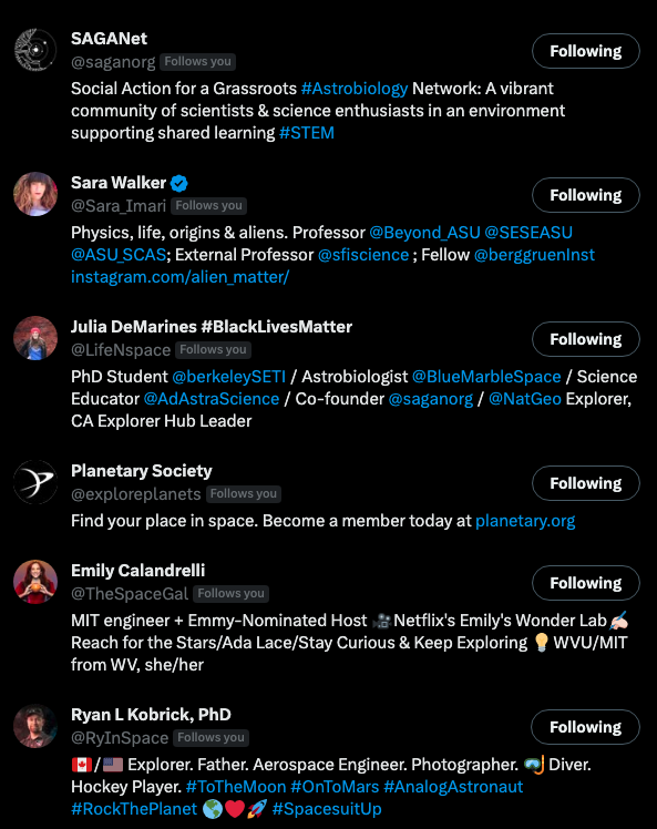cosmobiologist's tweet photo. Folks I've been following for the longest on Twitter/X include @RyInSpace, @TheSpaceGal, @exploreplanets, @LifeNspace, @Sara_Imari, and @saganorg. 

Which connections are your longest running on this platform? https://t.co/KNOjho0npV