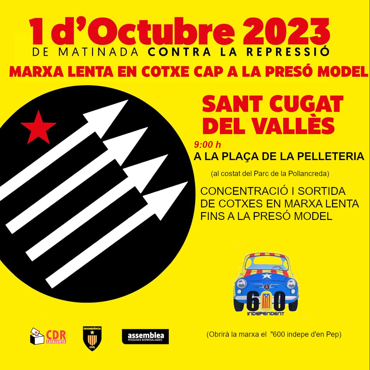 Jordi Alsina i Aubach (@jordialsinaa) on Twitter photo Aquest diumenge sortirem de #Lleida per anar a la marxa lenta de vehicles.
📍Camp d'esports
🕖 7.00 h
No hi falteu 🚗
#LLUITANOVIOLENTA
#1OctModel
#1OctAntiRepre
<a href="/antirepre_pon/">Plataforma Antirepressiva de Ponent</a> <a href="/ANCLleidaSegria/">Lleida i el Segrià per la Independència</a> <a href="/CATxIND/">Catalans per la Independència</a> <a href="/CDRCatOficial/">CDR Catalunya #RevoltaPopular 🔥</a> <a href="/desobedcivil/">Desobediència Civil Catalunya</a> <a href="/CorPaeria/">Cor Plaça Paeria</a> <a href="/CLxR_Lleida/">Consell Local Lleida</a> <a href="/CLxR_Cervera/">Consell Local Cervera</a> Aquest diumenge sortirem de #Lleida per anar a la marxa lenta de vehicles.
📍Camp d'esports
🕖 7.00 h
No hi falteu 🚗
#LLUITANOVIOLENTA
#1OctModel
#1OctAntiRepre
<a href="/antirepre_pon/">Plataforma Antirepressiva de Ponent</a> <a href="/ANCLleidaSegria/">Lleida i el Segrià per la Independència</a> <a href="/CATxIND/">Catalans per la Independència</a> <a href="/CDRCatOficial/">CDR Catalunya #RevoltaPopular 🔥</a> <a href="/desobedcivil/">Desobediència Civil Catalunya</a> <a href="/CorPaeria/">Cor Plaça Paeria</a> <a href="/CLxR_Lleida/">Consell Local Lleida</a> <a href="/CLxR_Cervera/">Consell Local Cervera</a>