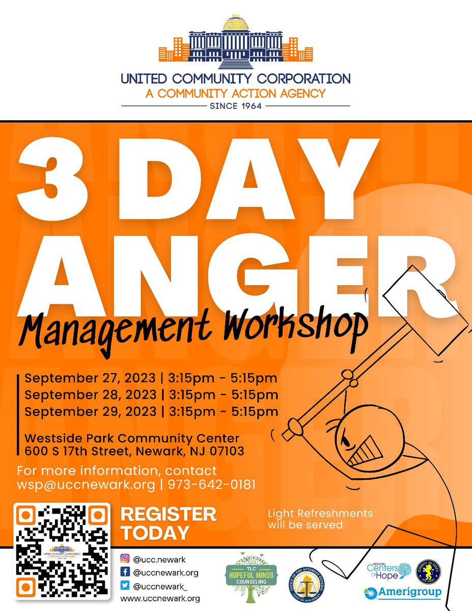 Tomorrow starts our 3-Day Anger Management Workshop with our Youth, Family and Senior Services Department!Don't Miss Out! It will be held Sept. 27th, 28th & 29th

#angermanagement #angermanagementworkshop #3day
#september #registertoday #trending #viral #newark #nj
