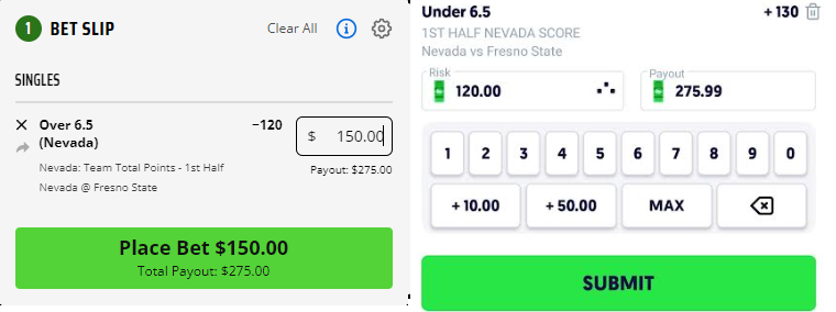 MDSportBet's tweet photo. 🚨Fresno State vs. Nevada

1st Half Team Total
#DraftKings $150 on Nevada Over 6.5 to win $275
#FLIFF $120 on Nevada Under 6.5 to win $276

Total wagered: $270
💰Total profit: $5 - $6

#fanduel #betmgm #PrizePicks #CollegeFootball https://t.co/KsifXa6XJz