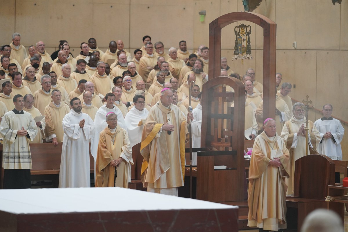 AngelusNews's tweet photo. After the proclamation of the Gospel, the #NewLABishops Ordination Rite begins with the singing of "Veni, Creator Spiritus," the formal Presentation of the Elect, and the reading of the apostolic mandate from @Pontifex https://t.co/SuVEvnDnHH