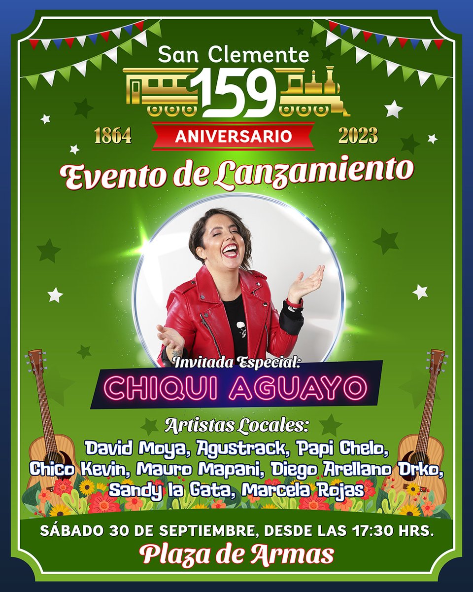 imsanclemente's tweet photo. ✅ No te pierdas el lanzamiento del 159° Aniversario de San Clemente, que contará con el show de la reconocida humorista nacional, Chiqui Aguayo y la presentación de múltiples artistas de nuestra comuna, este sábado 30 de septiembre, desde las 17:30 horas, en la plaza de armas. https://t.co/QXhE48WqwD