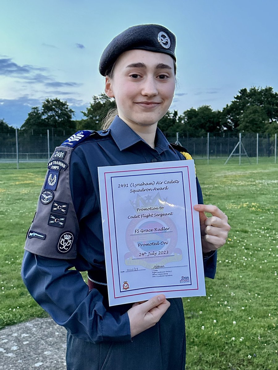 2491 (Lyneham) Squadron ATC (@2491atc) on Twitter photo Congratulations to our recently promoted Flight Sergeant.
FS Rudler has seen out her last few months with the Sqn in her new role.
We couldn’t let her leave for Uni without it!
<a href="/aircadets/">RAF Air Cadets</a>
<a href="/DWWaircadets/">Dorset Wiltshire Wing Air Cadets</a>
<a href="/ComdtAC/">Commandant RAF Air Cadets</a>
<a href="/SWRegionRAFAC/">South West Region RAFAC</a>
<a href="/WingDorset/">Wing Warrant Officer Dorset Wiltshire Wing</a>
#NoOrdinaryHobby
#ReachingForTheStars Congratulations to our recently promoted Flight Sergeant.
FS Rudler has seen out her last few months with the Sqn in her new role.
We couldn’t let her leave for Uni without it!
<a href="/aircadets/">RAF Air Cadets</a>
<a href="/DWWaircadets/">Dorset Wiltshire Wing Air Cadets</a>
<a href="/ComdtAC/">Commandant RAF Air Cadets</a>
<a href="/SWRegionRAFAC/">South West Region RAFAC</a>
<a href="/WingDorset/">Wing Warrant Officer Dorset Wiltshire Wing</a>
#NoOrdinaryHobby
#ReachingForTheStars