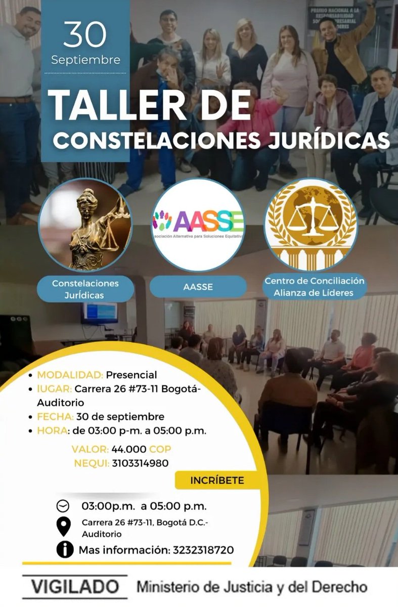 centro_lideres's tweet photo. Taller sobre #Constelaciones #jurídicas  aprende sobre esta nueva herramienta para la resolución de conflictos 
Modalidad: Presencial-Bogotá D.C.
Fecha: 30 de septiembre 2023
Hora:   03:00 p.m a 05:00 p.m.
Valor:   44.000 COP

Más información: 3232318720

#derecho #Conciliación https://t.co/UxZ8sgf3D4