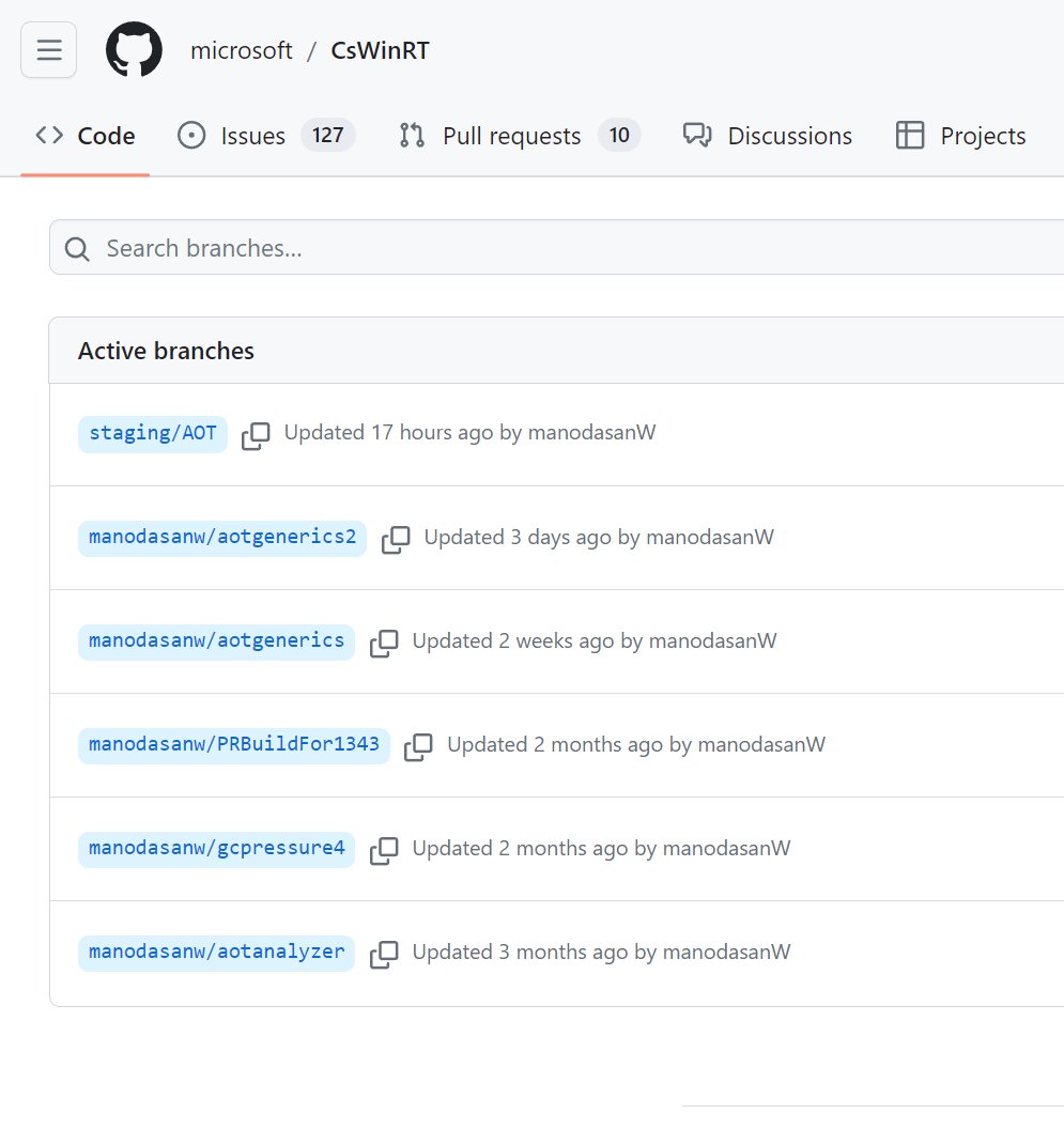 dotMorten's tweet image. All the active branches in the C#WinRT repo are around AoT 🤞😍#WinAppSDK github.com/microsoft/CsWi…