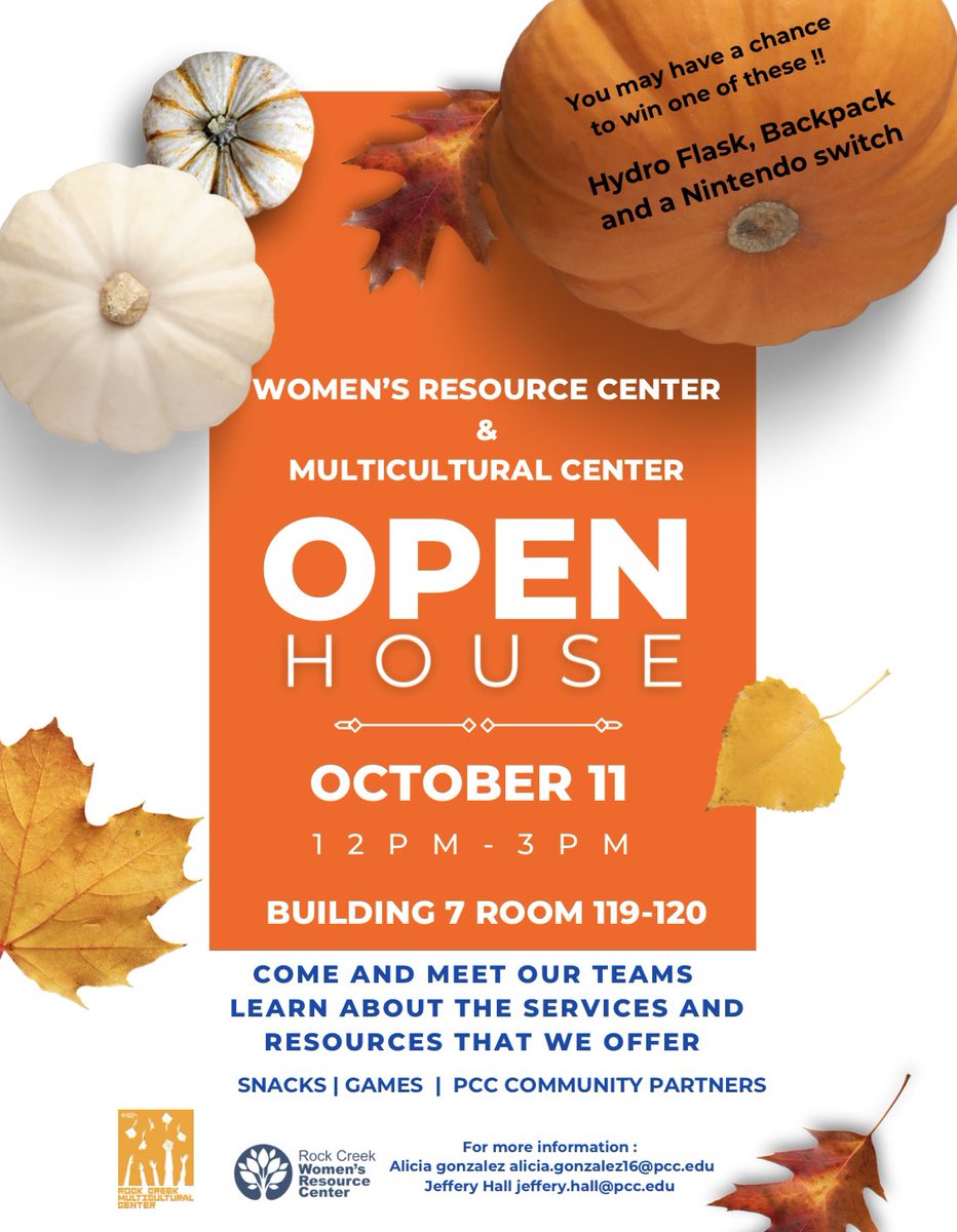 Hello, PCC students! We're thrilled to welcome you back this fall quarter. Join us for our Open House on Wednesday, October 11th, from 12pm to 3pm. chances to win great prizes “Hydro Flask, Backpack, Nintendo switch.”