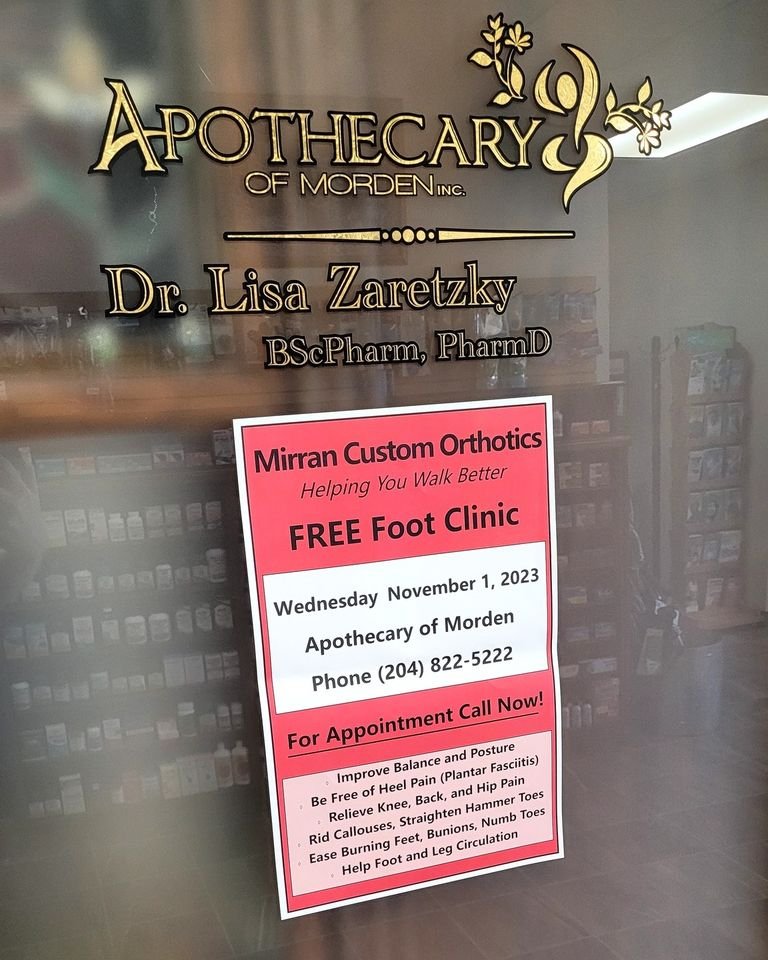 #apothecaryofmorden will be hosting a #free #footclinic along side Mirran Custom Orthotics on Nov. 1st, 2023 from 1-4pm.  Call 204-822-5222, or visit us in-store to book your appointment.