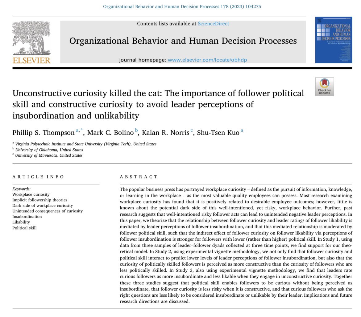 KalanNorris's tweet photo. ๐จ NEW RESEARCH๐จ
Curiosity in the workplace is often celebrated as a valuable trait, but our research delves into its potential dark side. In our latest paper in #OBHDP, We explored the potential downsides and found that follower curiosity can be a double-edged sword. ๐งต https://t.co/Zc3r46QvgL
