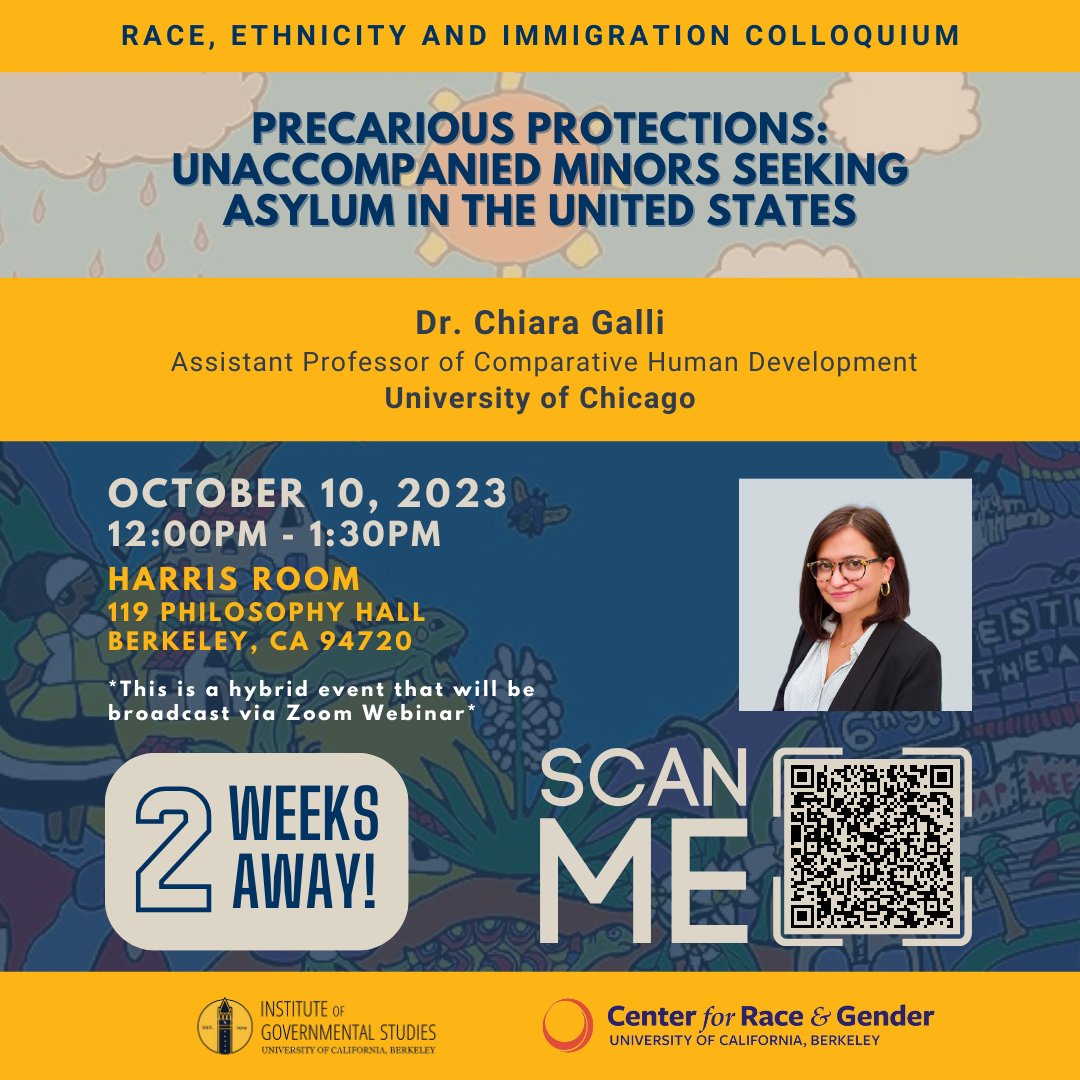 Please join us in 2 weeks on Tuesday, October 10th at noon for a book talk on 'Precarious Protections: Unaccompanied Minors Seeking Asylum in the United States' with Dr. Chiara Galli, Assistant Professor of Comparative Human Development at the University of Chicago.