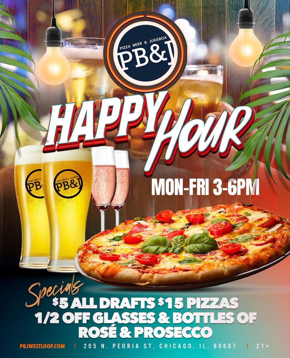 It’s time for #HappyHour! Join us for $5 drafts, as well as $15 pizzas, and 1/2 off bottles &amp; glasses of house rosé and prosecco Monday - Friday from 3PM - 6PM! 

Get happy at your #WestLoop Local Hotspot! #Chicago #pizza #beer #jukebox