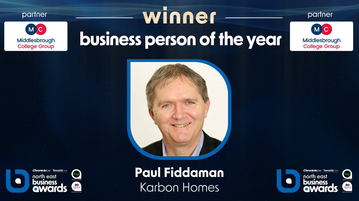 Who is the North East’s Business Person of the Year? With @mborocollege, we’ll tell you! @PaulFiddaman1 of @KarbonHomes, Gareth Allen of @LtdSuperior and Victoria Lynch of #AdditionalLengths are all finalists - but the winner is… Paul Fiddaman, well done! #ad #NEBizAwards