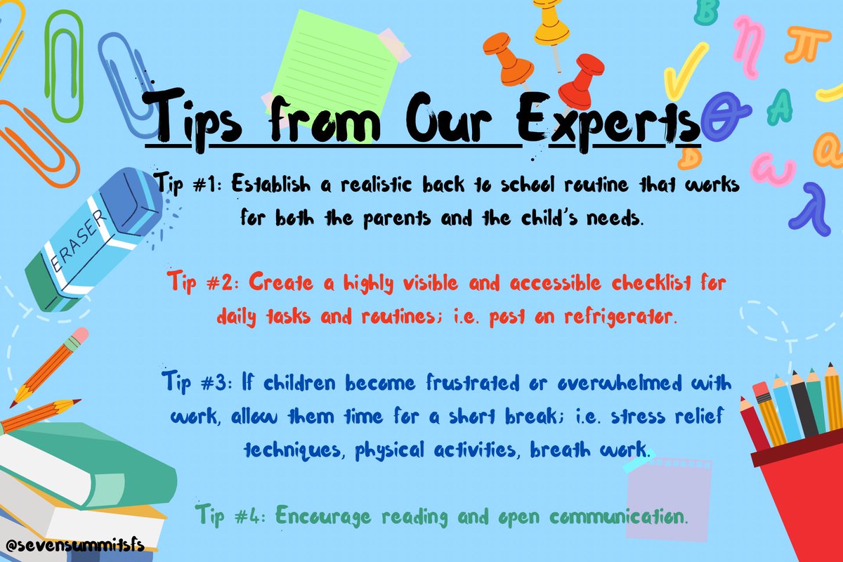 Sevensummitsfs's tweet image. Good Evening and Happy TuesYAY Everyone!

SSFS Presents Friendly Reminders to Help Promote a Healthy and Successful School Year! Here are a few Tips from Our Experts here at SSFS…
SSFS wishes all of our communities a safe, healthy, and prosperous school year!

#ssfs
