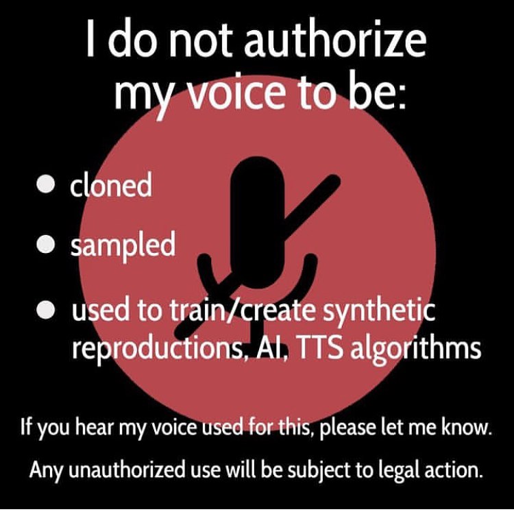 Not now. Not ever.

My voices are my own and I will never support the artificial attempts to replicate or recreate my God-given artistic skills or those of ANY creative field. Ever.

#NotoAI #NottodayAI #NoClonesPlz #voiceover #voiceactor