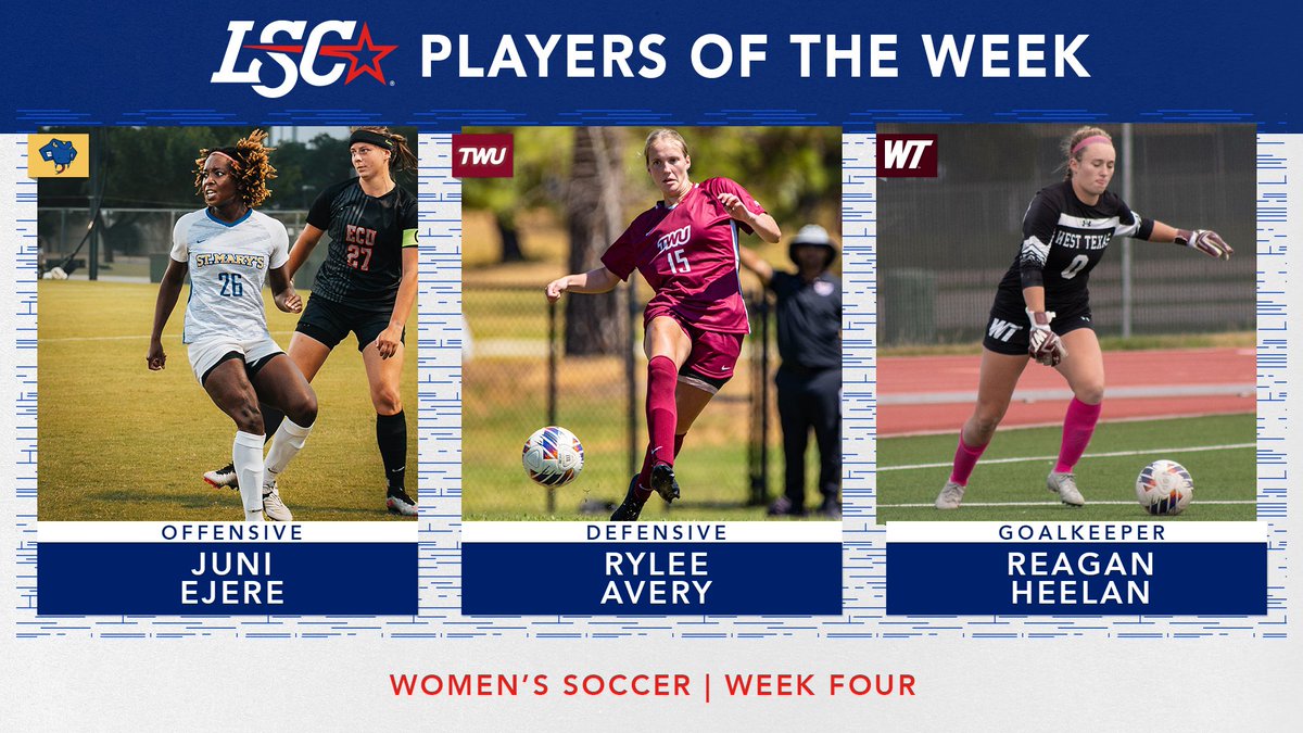 #LSCwsoc Players of the Week ⚽️

Offensive: Juni Ejere, <a href="/StMarysRattlers/">St. Mary's Rattlers</a> 

Defensive: Rylee Avery, <a href="/twupioneers/">Texas Woman's Pioneers</a> 

Goalkeeper:  Reagan Heelan, @WTBuffNation 

🔗 bit.ly/3EU6Zo8

#D2wsoc