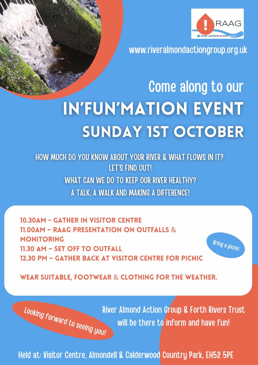 Learn about sewage and sewage related debris releases at this <a href="/Action4Almond/">River Almond Action Group (RAAG)</a> event on Sunday. #stoptheshit #westlothianevents #saveoutrivers #localaction