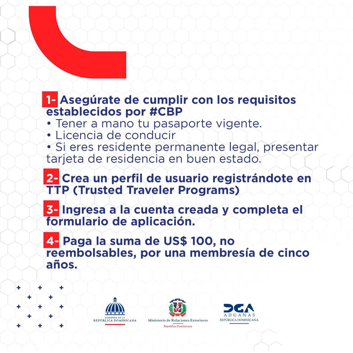 MIREXRD's tweet photo. Luego de realizar todos los pasos, la oficina de Aduanas y Protección Fronteriza CBP, llevará a cabo una revisión de la información suministrada para dar respuesta a tu solicitud.
#RDenGlobalEntry🇩🇴🤝🇺🇸 https://t.co/8ejnnbr0C0