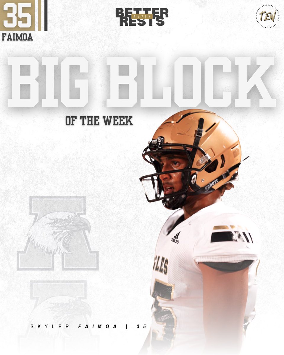 AbileneEagleFB's tweet photo. Big Block of the Week

Chad Lara | RB | 21

Skyler Faimoa | H | 35

Jim Boima | G | 67

#BetterNeverRests🚫 | #TEW https://t.co/oXog3dcycx