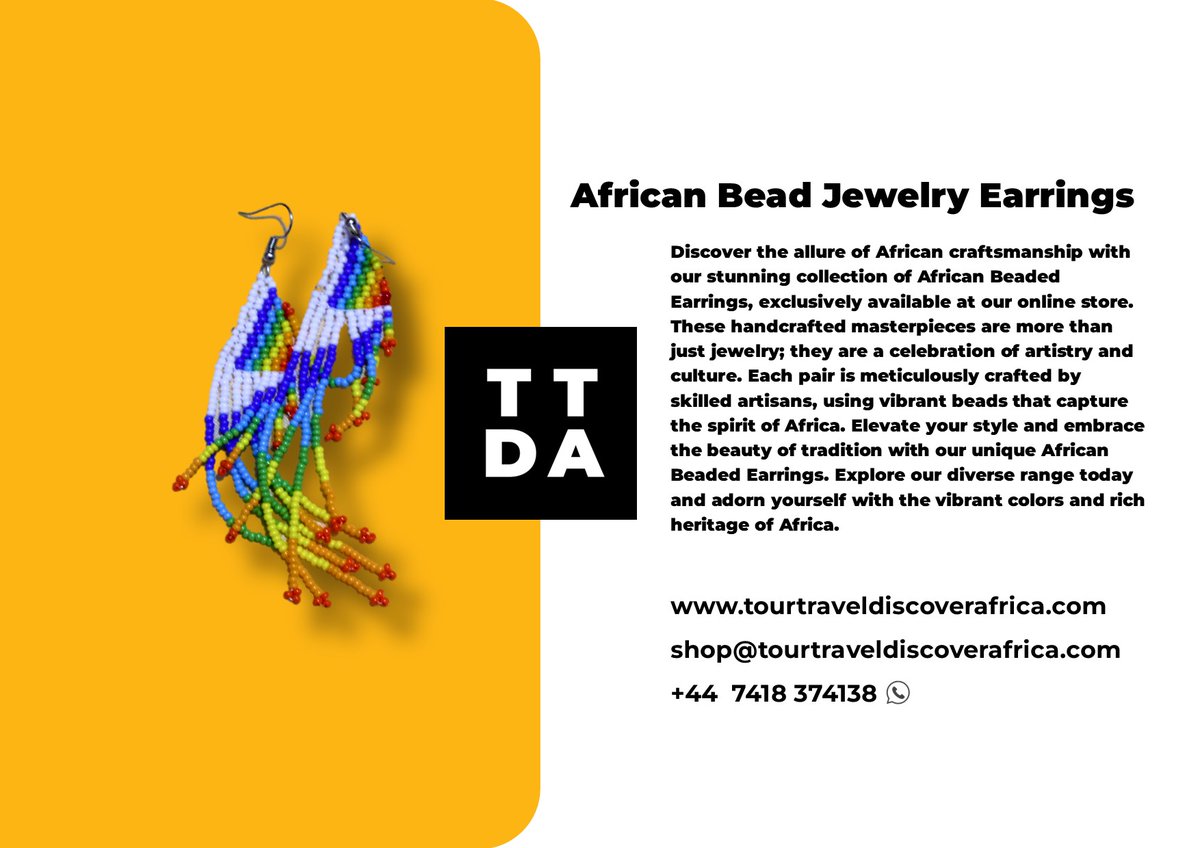 TourTravelDA's tweet photo. Discover the allure of African craftsmanship with our stunning collection of African Beaded Earrings, exclusively available at our online store. #ttda #beadedjewelry https://t.co/RUBZXT95q0