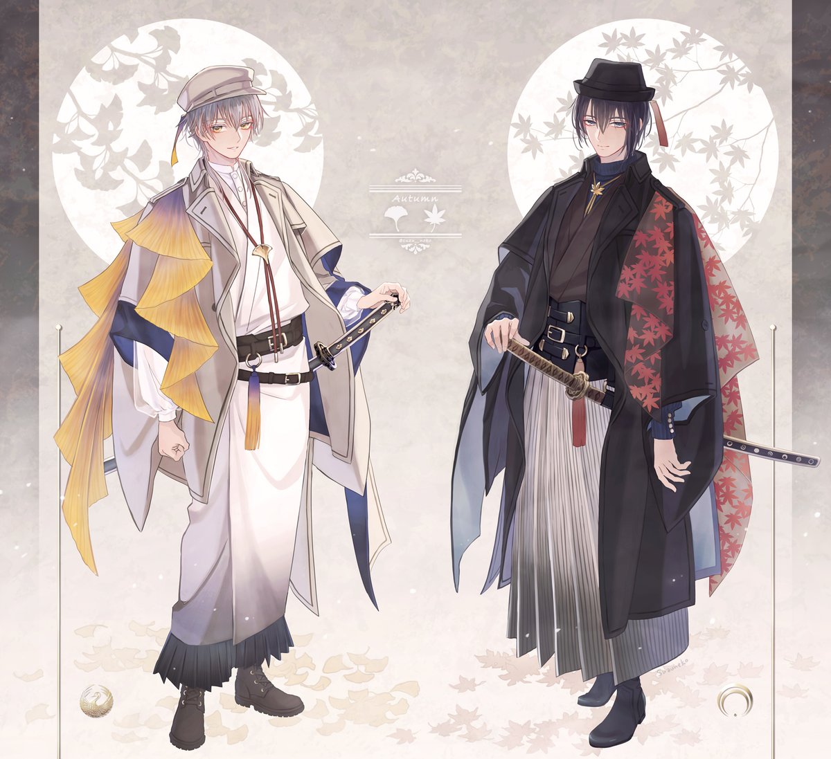 multiple boys 2boys weapon male focus sword hat japanese clothes  illustration images