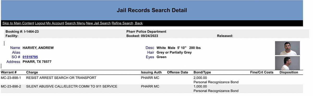 Former <a href="/PharrTx/">City of Pharr</a> Police Chief Andy Harvey was arrested Saturday night.

He's charged with making silent/abusive calls to 911 and resisting arrest/search/transport #rgv