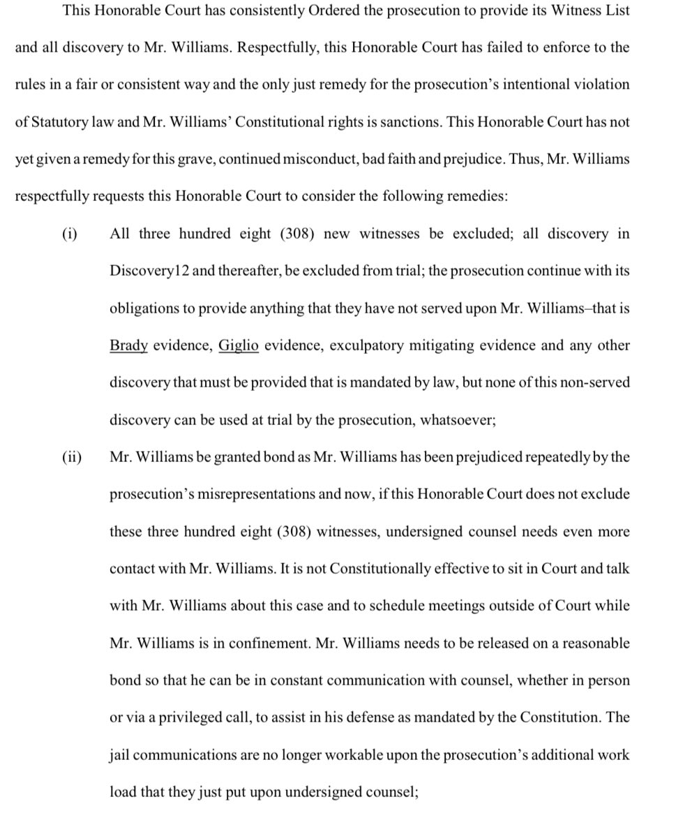 ThuggerDaily's tweet photo. Young Thugs lawyer filed a strongly worded motion demanding sanctions and remedies for the intentional and bad-faith discovery violations the prosecution has committed 

Among other things, he asks that all new witnesses be stricken, Young Thug receives a bond, and no more new evidence to be allowed. 

The state claimed all the way in June of LAST YEAR that their case was ready, yet they have been continuously trickling new discovery and adding new witnesses to the case.