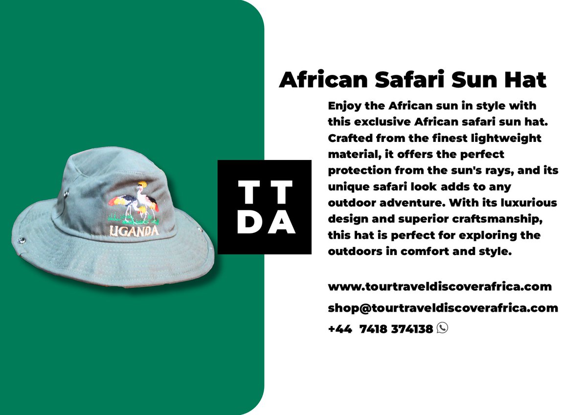 TourTravelDA's tweet photo. Enjoy the African sun in style with this exclusive African safari sun hat. Crafted from the finest lightweight material, it offers the perfect protection from the sun's rays, and its unique safari look adds to any outdoor adventure.  #ttda #hats #sun https://t.co/Hnzw9yKDsU