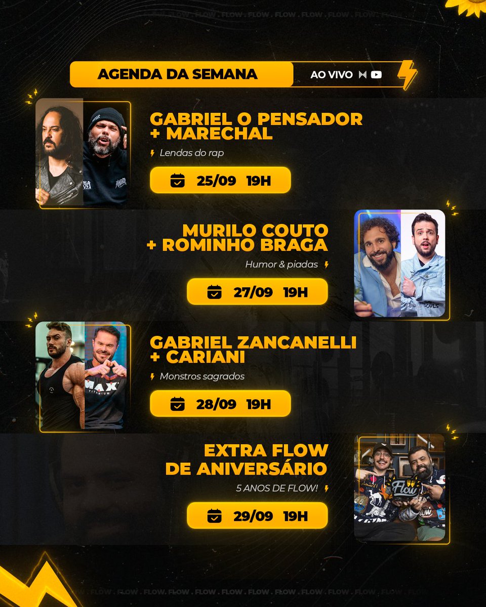 Flow Podcast on X: AGENDA DA SEMANA: • SEGUNDA 14/08 19h - Arthur